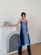 Straight Neck Spaghetti Strap Ombre Gradient Bodycon Cami Midi Dress