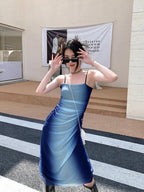 Straight Neck Spaghetti Strap Ombre Gradient Bodycon Cami Midi Dress