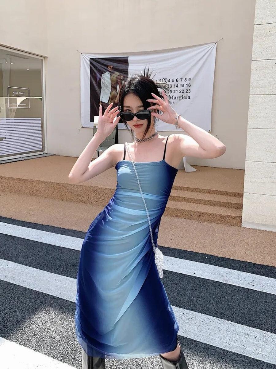 Straight Neck Spaghetti Strap Ombre Gradient Bodycon Cami Midi Dress
