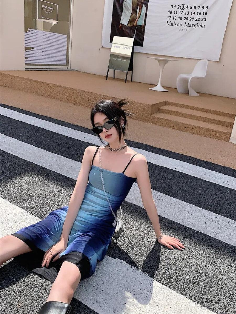 Straight Neck Spaghetti Strap Ombre Gradient Bodycon Cami Midi Dress