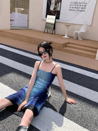 Straight Neck Spaghetti Strap Ombre Gradient Bodycon Cami Midi Dress