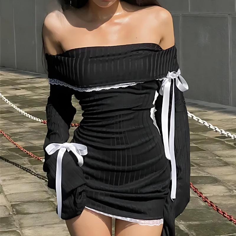 Off Shoulder Ribbed Knit Lace Trim Ribbon Bow Ruched Mini Dress