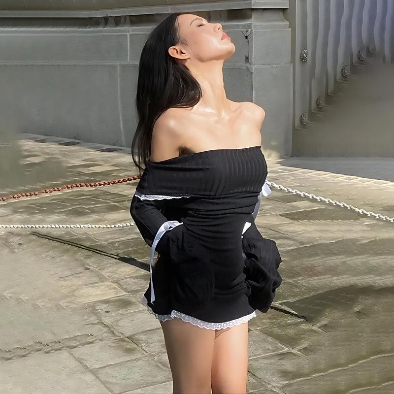 Off Shoulder Ribbed Knit Lace Trim Ribbon Bow Ruched Mini Dress