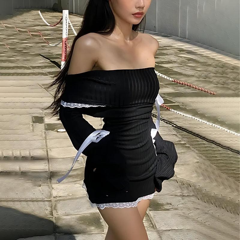 Off Shoulder Ribbed Knit Lace Trim Ribbon Bow Ruched Mini Dress