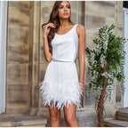 Sequin Fringe Feather Trim High Waist Mini Skirt