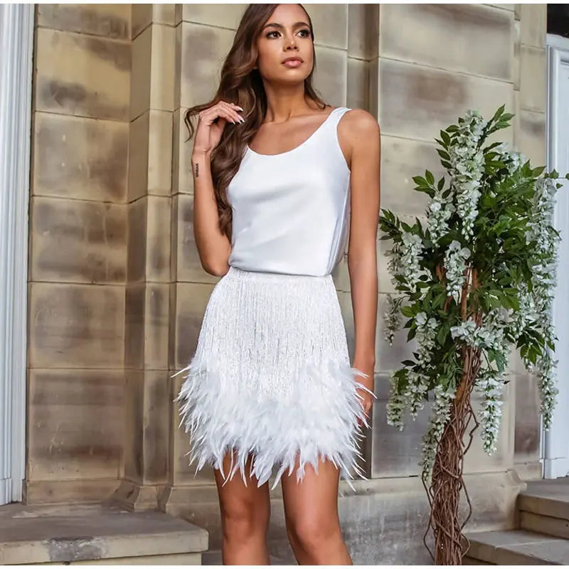 Sequin Fringe Feather Trim High Waist Mini Skirt