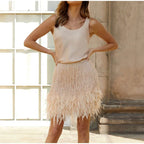 Sequin Fringe Feather Trim High Waist Mini Skirt