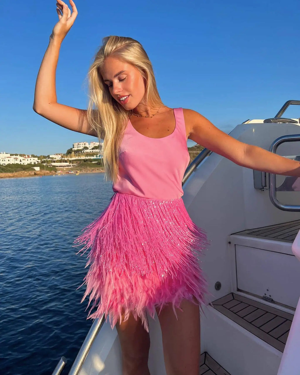 Sequin Fringe Feather Trim High Waist Mini Skirt