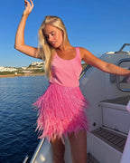Sequin Fringe Feather Trim High Waist Mini Skirt