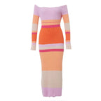 Fernanda Minimalist Off Shoulder Striped Knit Maxi Dress Evening Wear Edit