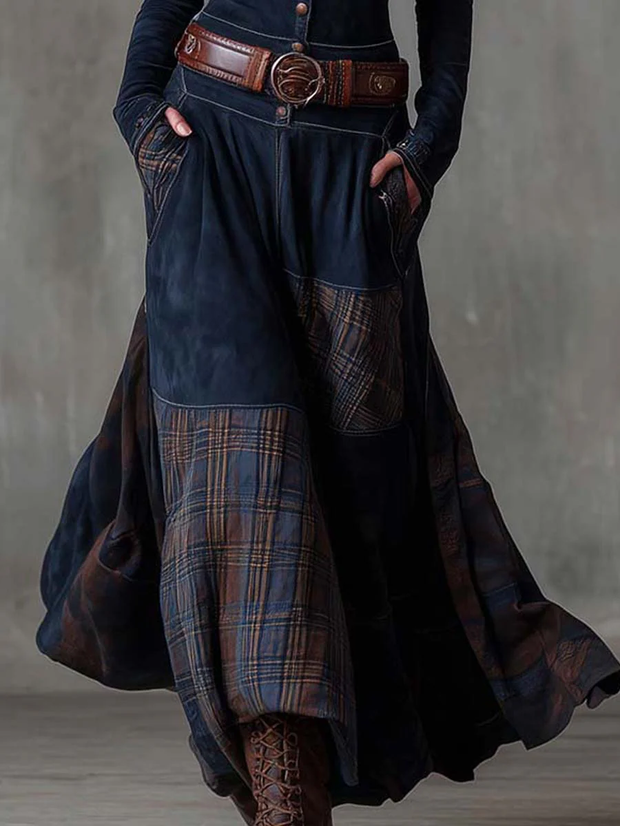 | Navy Plaid Suede Maxi Dress