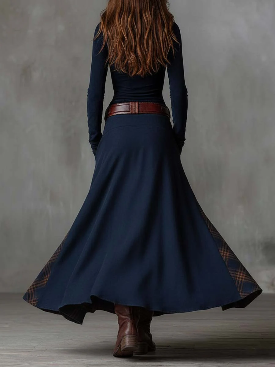 | Navy Plaid Suede Maxi Dress