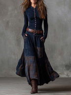 | Navy Plaid Suede Maxi Dress