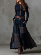 | Navy Plaid Suede Maxi Dress