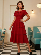Vintage Dress Women's Elegant Tiered Midi Dress Short Flutter Sleeve Tie Front Fit And Flare Dress