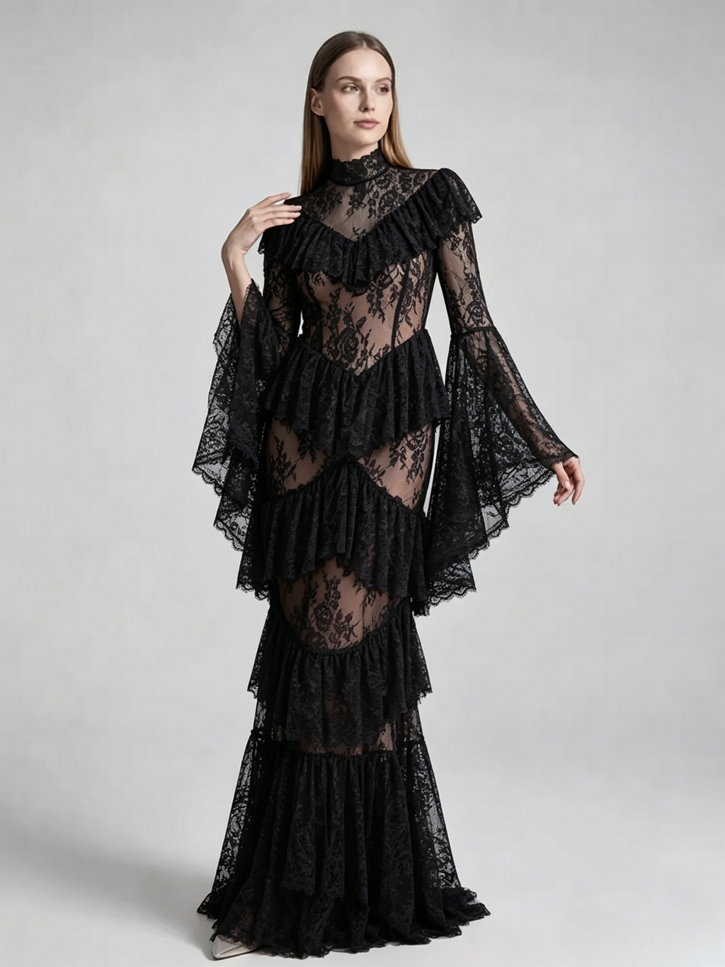 Party Dress Maxi White Stand Collar Lace Long Sleeves Shaping Flared Sleeves Chic Semi Formal Dress