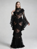 Party Dress Maxi White Stand Collar Lace Long Sleeves Shaping Flared Sleeves Chic Semi Formal Dress