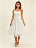 Vintage 1950s Floral Prom Dress For Women - Embroidery Mesh Tie-Shoulder A-Line Swing Midi Dress - Summer Cocktail 2026