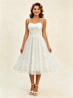 Vintage 1950s Floral Prom Dress For Women - Embroidery Mesh Tie-Shoulder A-Line Swing Midi Dress - Summer Cocktail 2026