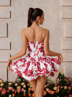 Strapless Floral Ruched Bubble Hem Tiered Mini Dress