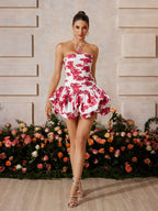 Strapless Floral Ruched Bubble Hem Tiered Mini Dress