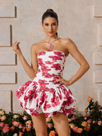 Strapless Floral Ruched Bubble Hem Tiered Mini Dress