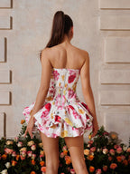 Strapless Floral Ruched Bubble Hem Tiered Mini Dress