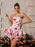 Strapless Floral Ruched Bubble Hem Tiered Mini Dress