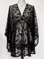 Bat Print Sheer Chiffon Wing Detail V-Neck Loose Mini Dress