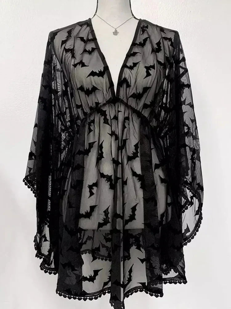 Bat Print Sheer Chiffon Wing Detail V-Neck Loose Mini Dress