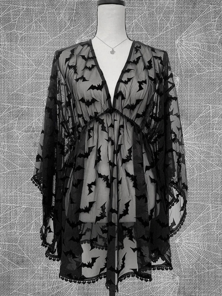 Bat Print Sheer Chiffon Wing Detail V-Neck Loose Mini Dress