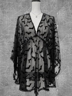 Bat Print Sheer Chiffon Wing Detail V-Neck Loose Mini Dress