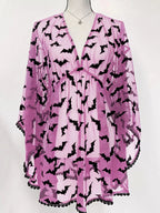 Bat Print Sheer Chiffon Wing Detail V-Neck Loose Mini Dress