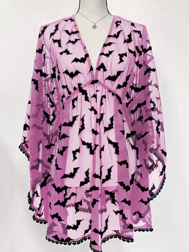 Bat Print Sheer Chiffon Wing Detail V-Neck Loose Mini Dress
