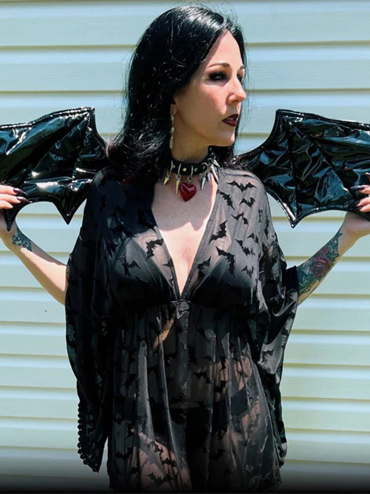 Bat Print Sheer Chiffon Wing Detail V-Neck Loose Mini Dress