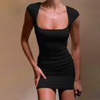 Square Neck Cap Sleeve Back Cutout Bodycon Mini Dress