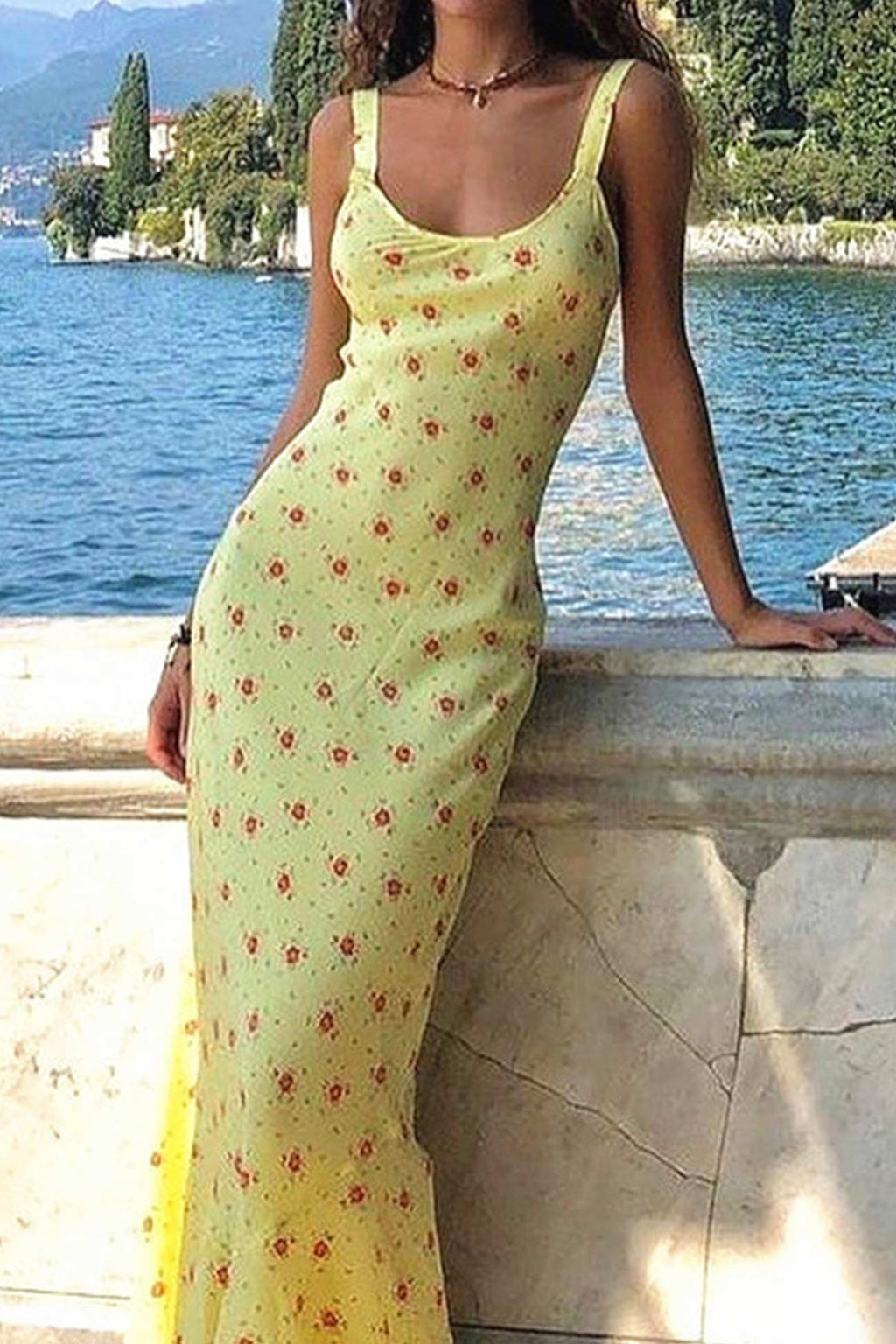 Scoop Neck Tank Strap Ditsy Floral Print Flared Hem Maxi Dress