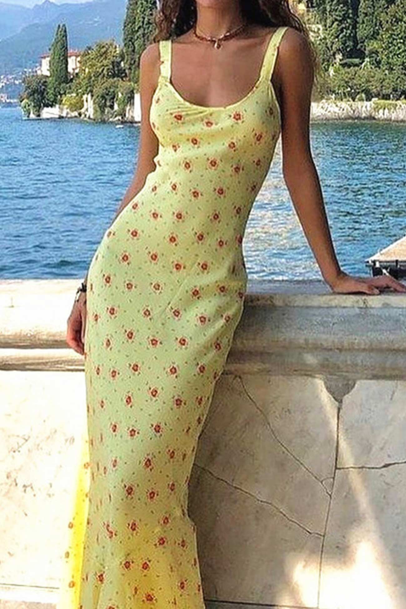 Scoop Neck Tank Strap Ditsy Floral Print Flared Hem Maxi Dress