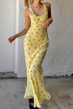 Scoop Neck Tank Strap Ditsy Floral Print Flared Hem Maxi Dress
