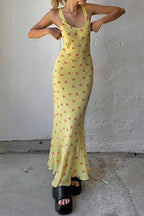 Scoop Neck Tank Strap Ditsy Floral Print Flared Hem Maxi Dress