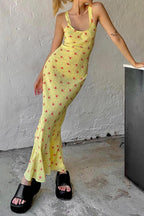 Scoop Neck Tank Strap Ditsy Floral Print Flared Hem Maxi Dress