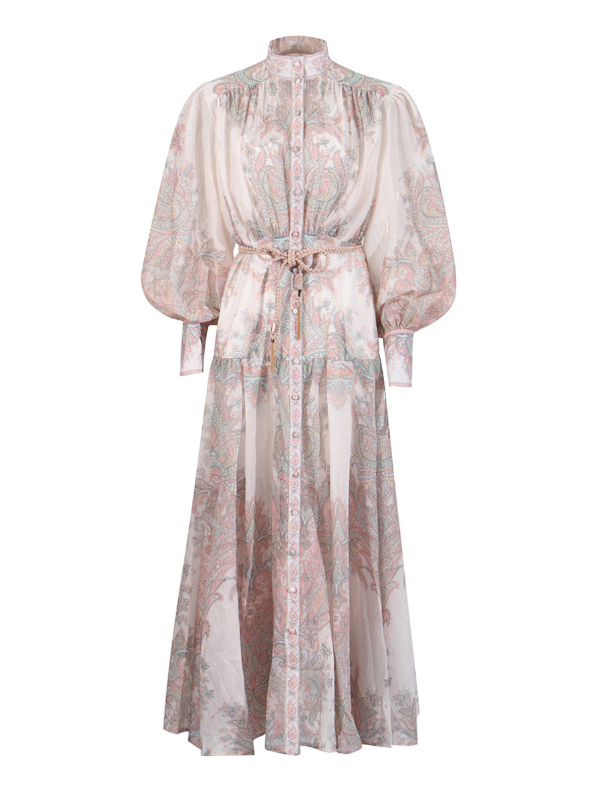 Mandarin Collar Bishop Sleeve Button Front Rope Belt Floral Print Maxi Dress