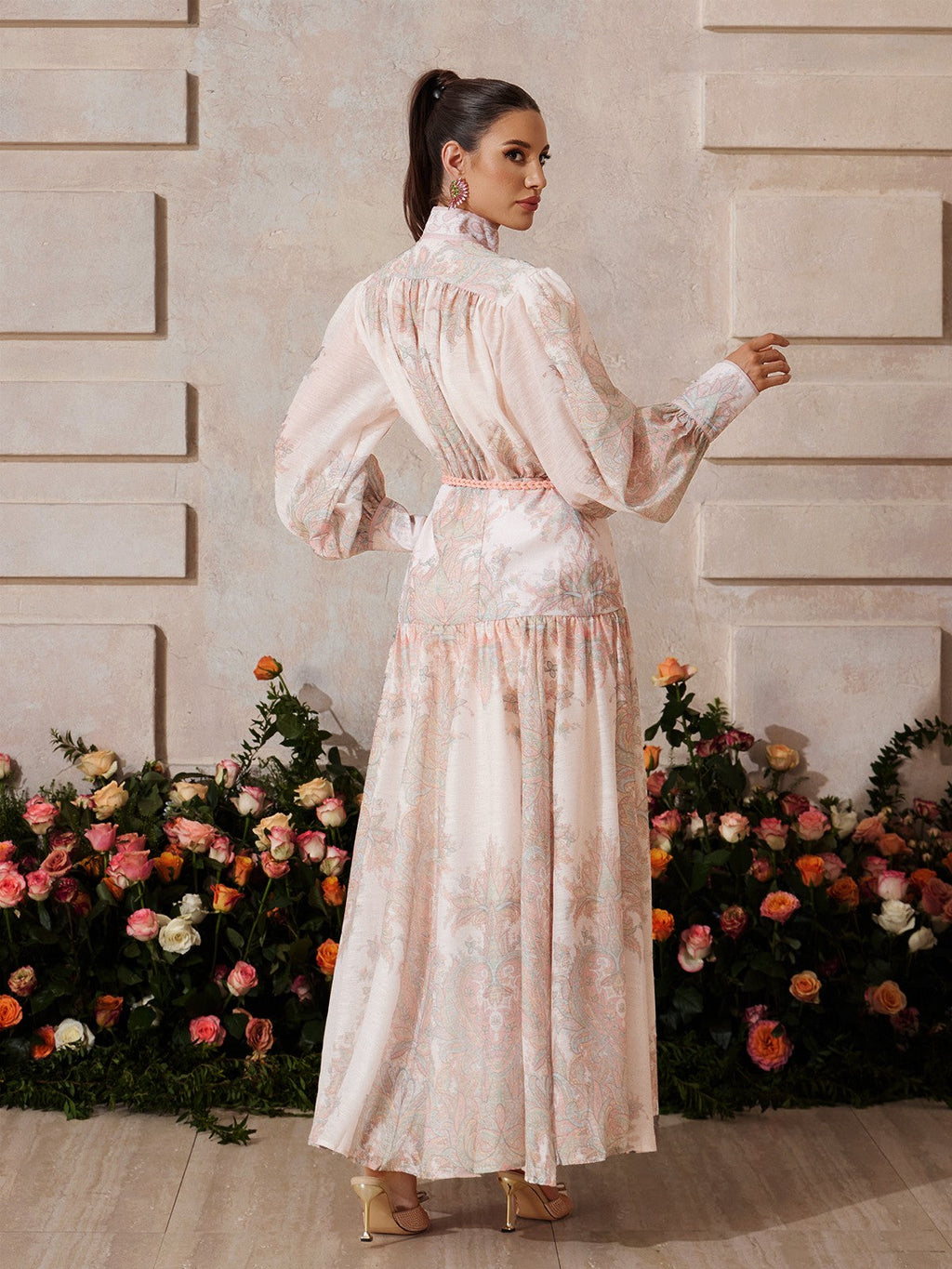 Mandarin Collar Bishop Sleeve Button Front Rope Belt Floral Print Maxi Dress
