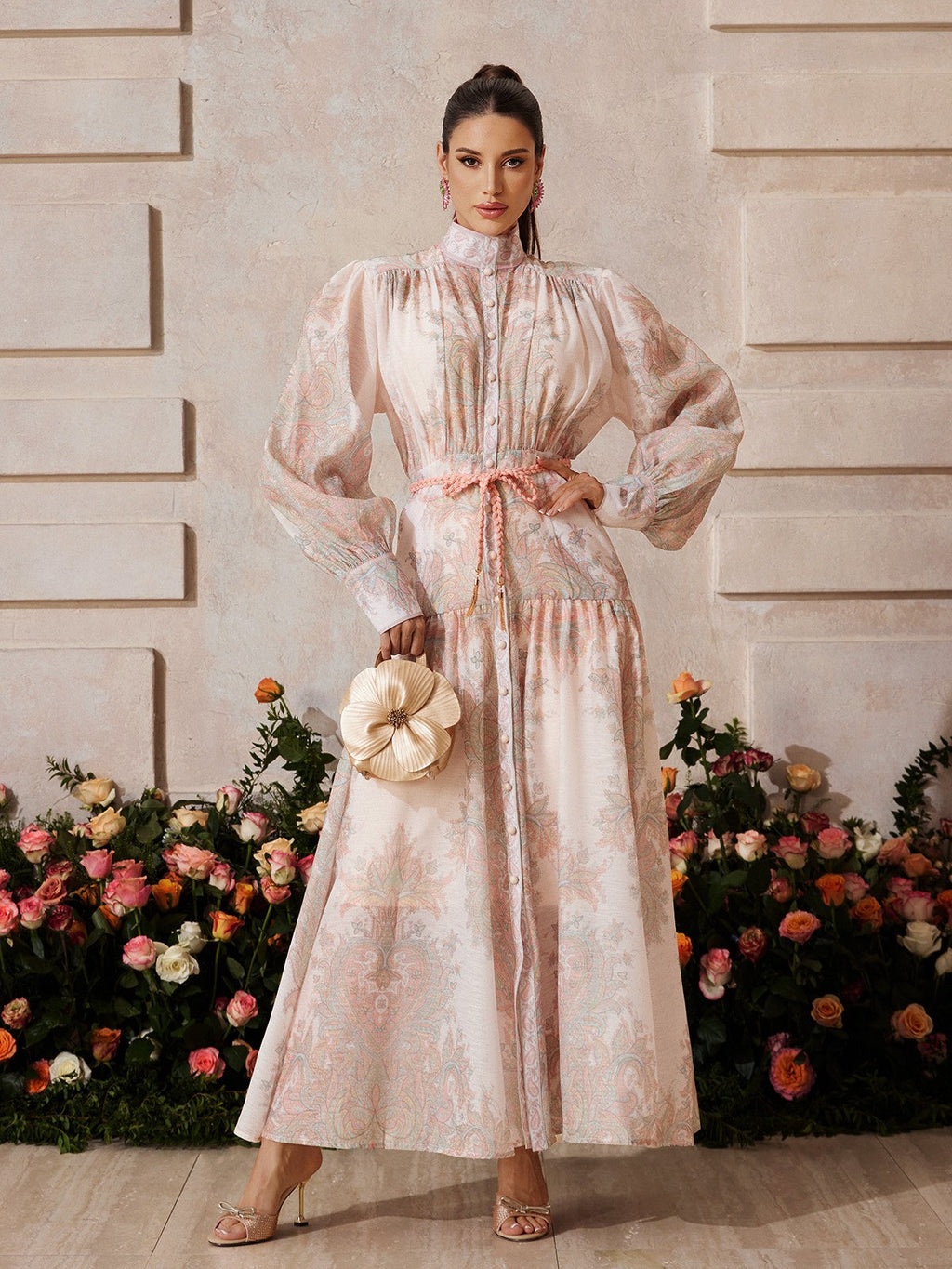 Mandarin Collar Bishop Sleeve Button Front Rope Belt Floral Print Maxi Dress