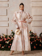 Mandarin Collar Bishop Sleeve Button Front Rope Belt Floral Print Maxi Dress