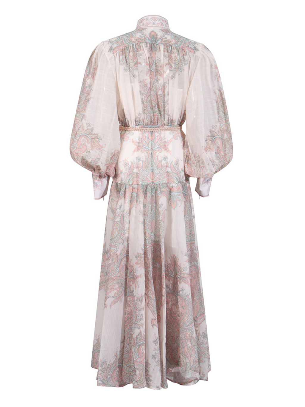 Mandarin Collar Bishop Sleeve Button Front Rope Belt Floral Print Maxi Dress