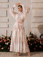 Mandarin Collar Bishop Sleeve Button Front Rope Belt Floral Print Maxi Dress