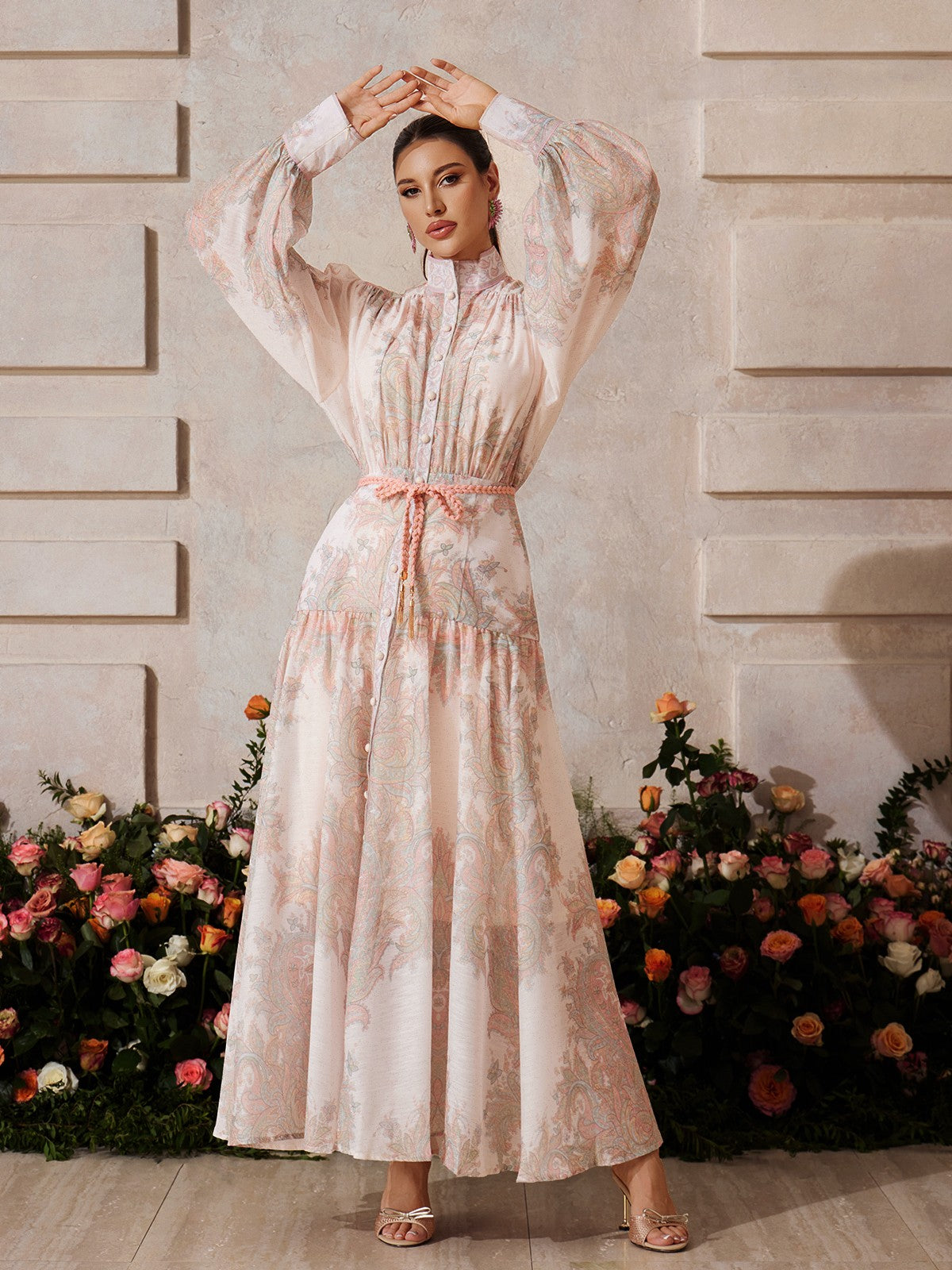 Mandarin Collar Bishop Sleeve Button Front Rope Belt Floral Print Maxi Dress