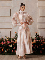 Mandarin Collar Bishop Sleeve Button Front Rope Belt Floral Print Maxi Dress