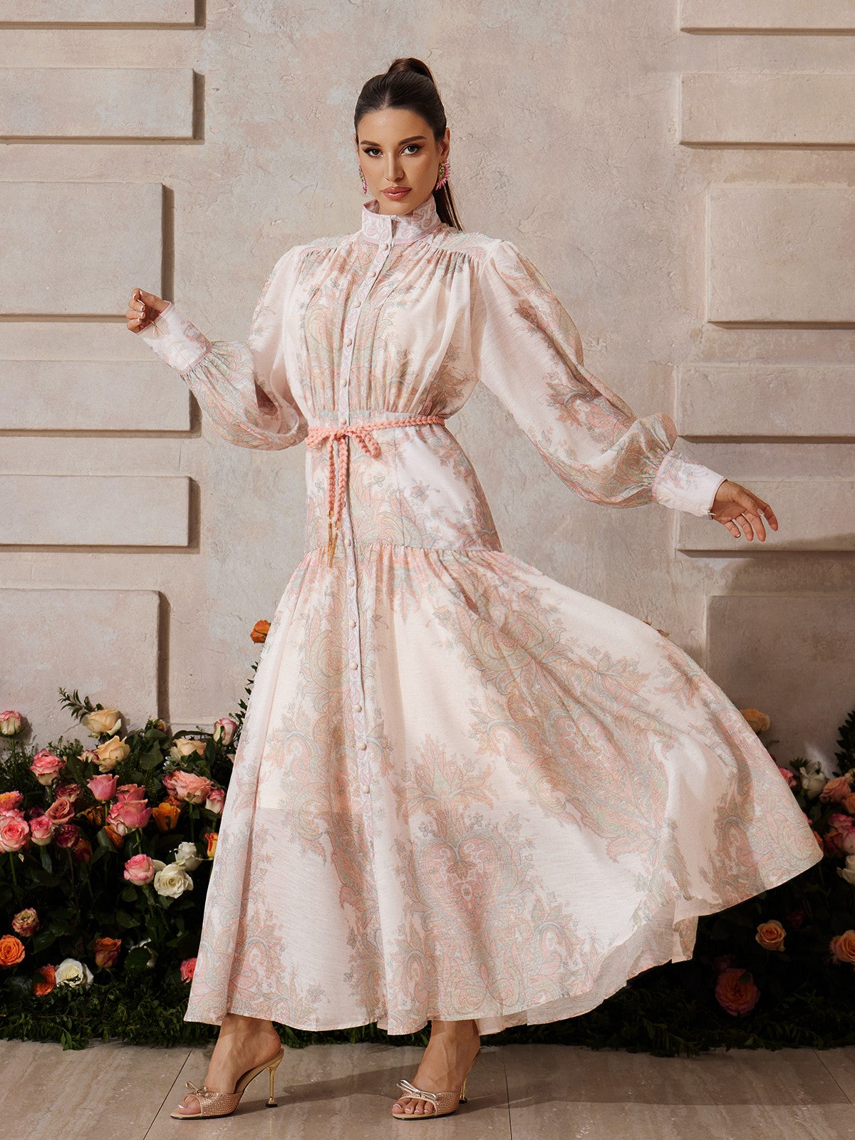 Mandarin Collar Bishop Sleeve Button Front Rope Belt Floral Print Maxi Dress